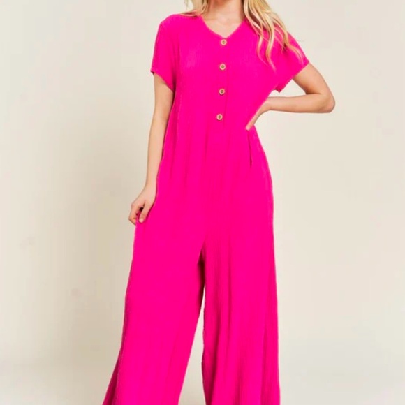 Jade by Jane Pink short sleeve textured oversized and room jumpsuit. - Picture 2 of 12